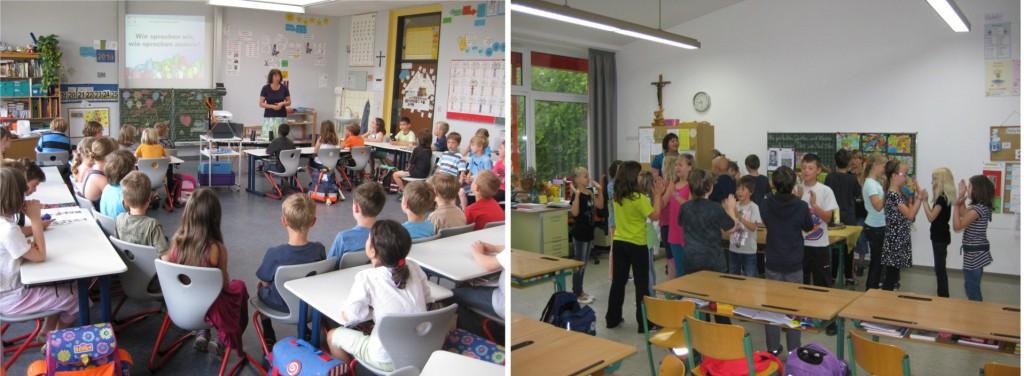 Im linken Bild ist Dr. Monika Fritz-Scheuplein im Juli 2012 in den vierten Klassen der Grundschule Gerbrunn zu Gast. Das rechte Bild zeigt eine vierte Klasse der Grundschule Wasserlosen, die mit einem getanzten Dialektlied das UDI begrüßt.